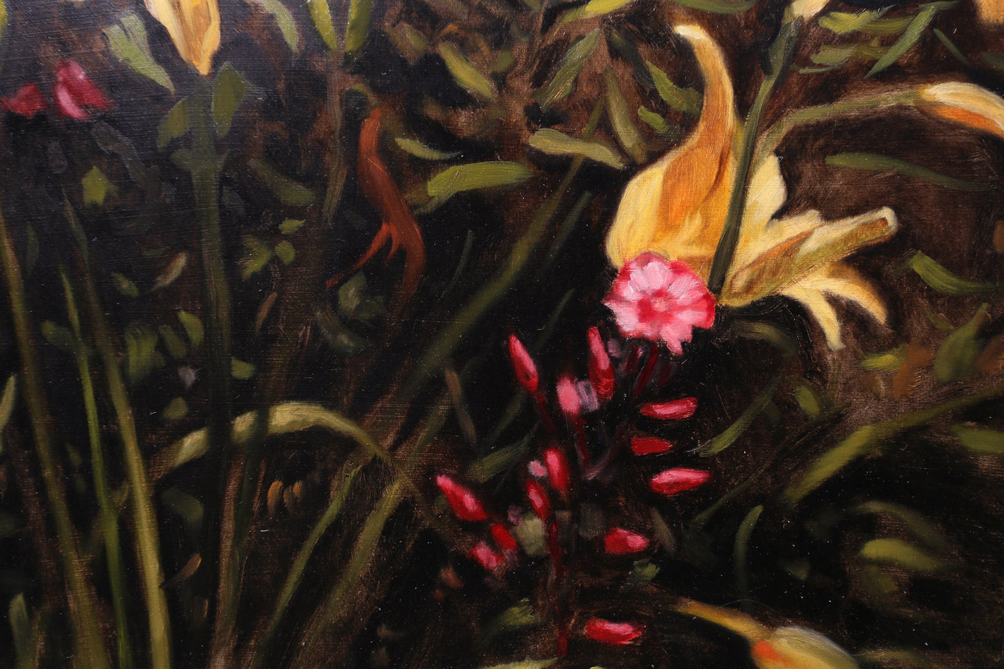 Oil Painting Still Life Moody on Board Day Lilies and Wildflowers Artist Signed J. Palmer Libby 1993