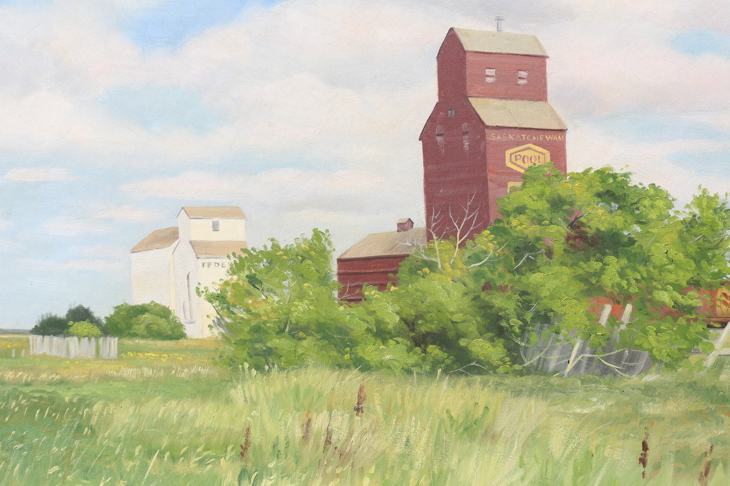 Oil Painting Landscape Norman Kelly Saskatchewan Pool Prairie Elevator Oil on Canvas Train Canada Canadian Western Art Original