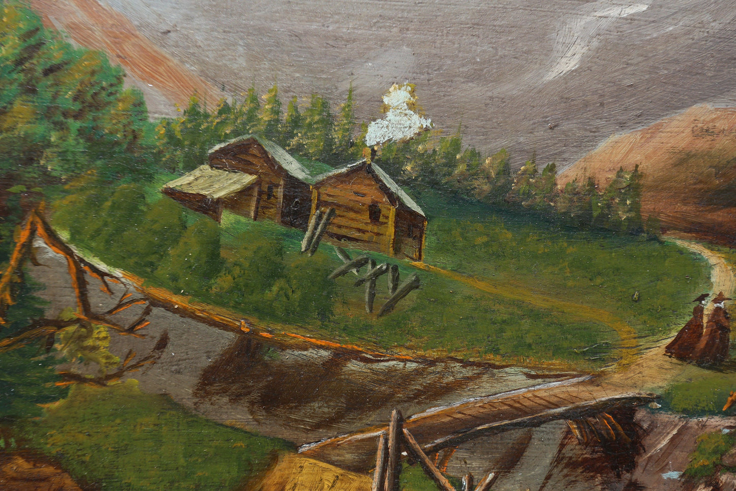 Oil Painting 19th century Oil on Board Monks in North American West Log Cabins Canada Canadian Rockies or American Tetons Mountains