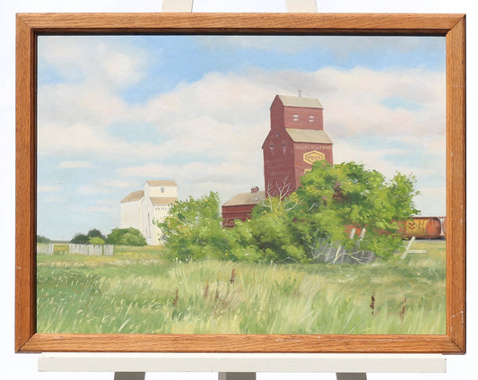 Oil Painting Landscape Norman Kelly Saskatchewan Pool Prairie Elevator Oil on Canvas Train Canada Canadian Western Art Original