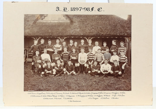 Antique Large Format Photograph Rugby Team Photo 1897-1898 Old Honitionian Thatch Roof Rugby Stripes Fully Labeled Hand Calligraphy