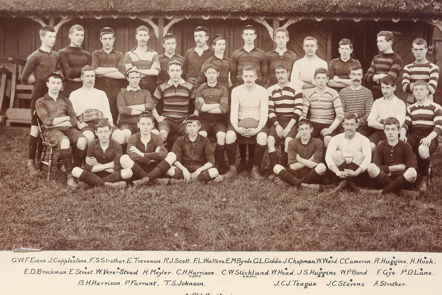 Antique Large Format Photograph Rugby Team Photo 1897-1898 Old Honitionian Thatch Roof Rugby Stripes Fully Labeled Hand Calligraphy