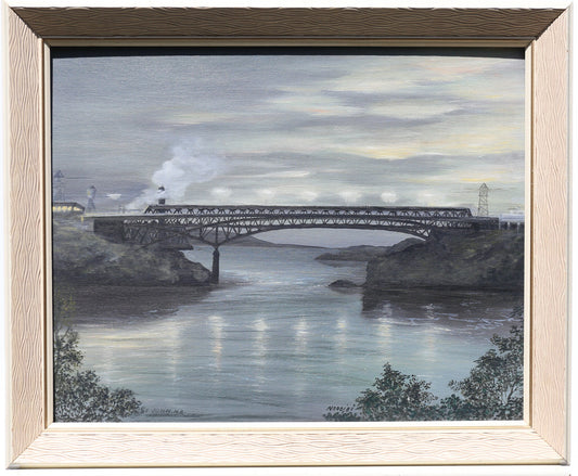 Oil Painting Reversing Falls Bridge St. John New Brunswick Canada Foggy Artist Signed Nardini 1950s on Canvas board