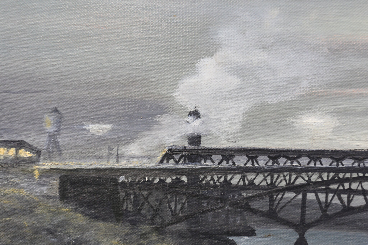 Oil Painting Reversing Falls Bridge St. John New Brunswick Canada Foggy Artist Signed Nardini 1950s on Canvas board