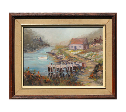 Oil Painting Signed American Impressionist River Harbor Cottage and Dory Rowboat 1970s Period Frame on Board