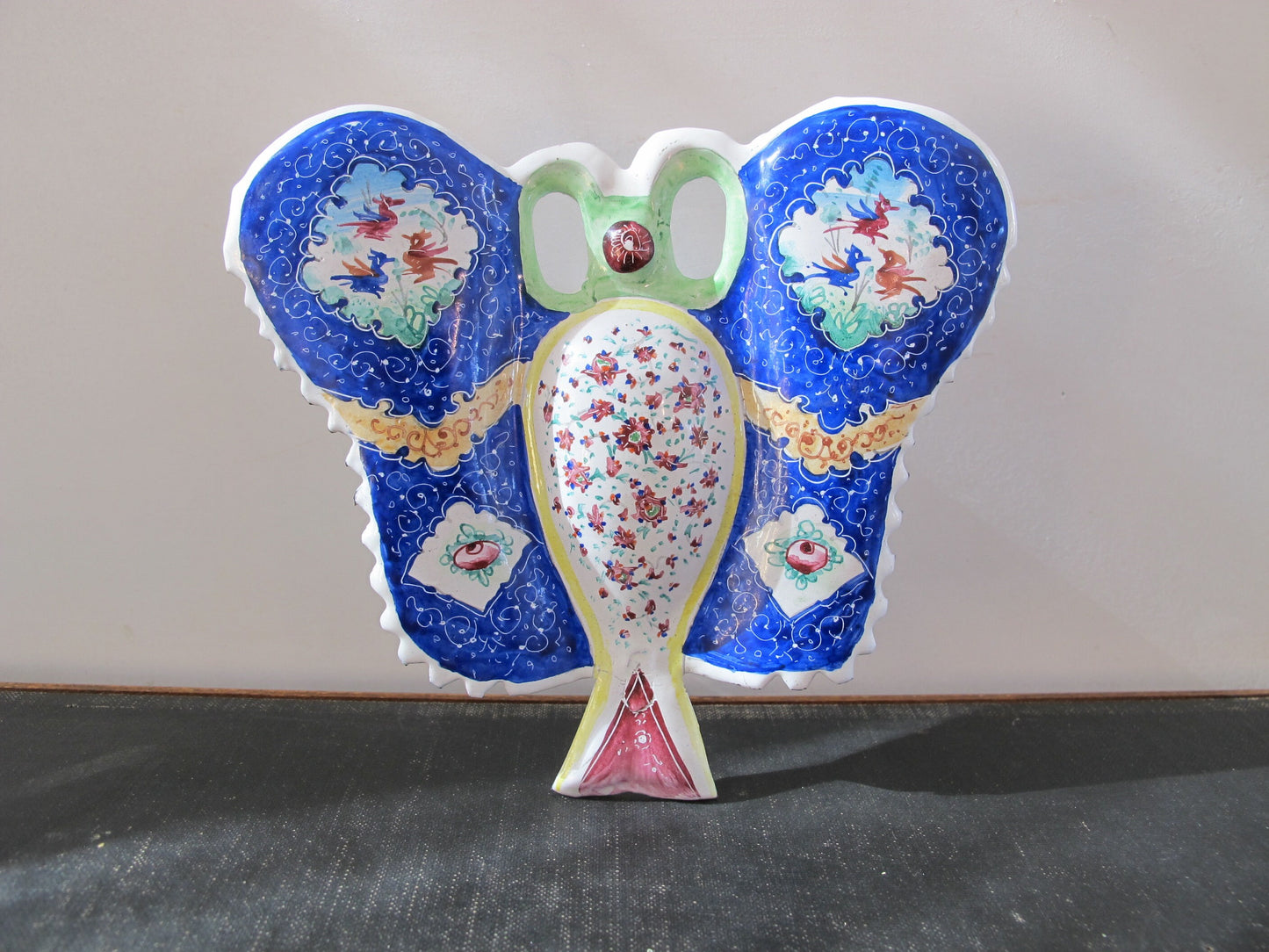 Butterfly Persian Porcelain Enamel Wall Pocket Blue Green Rose 1960s 1970s