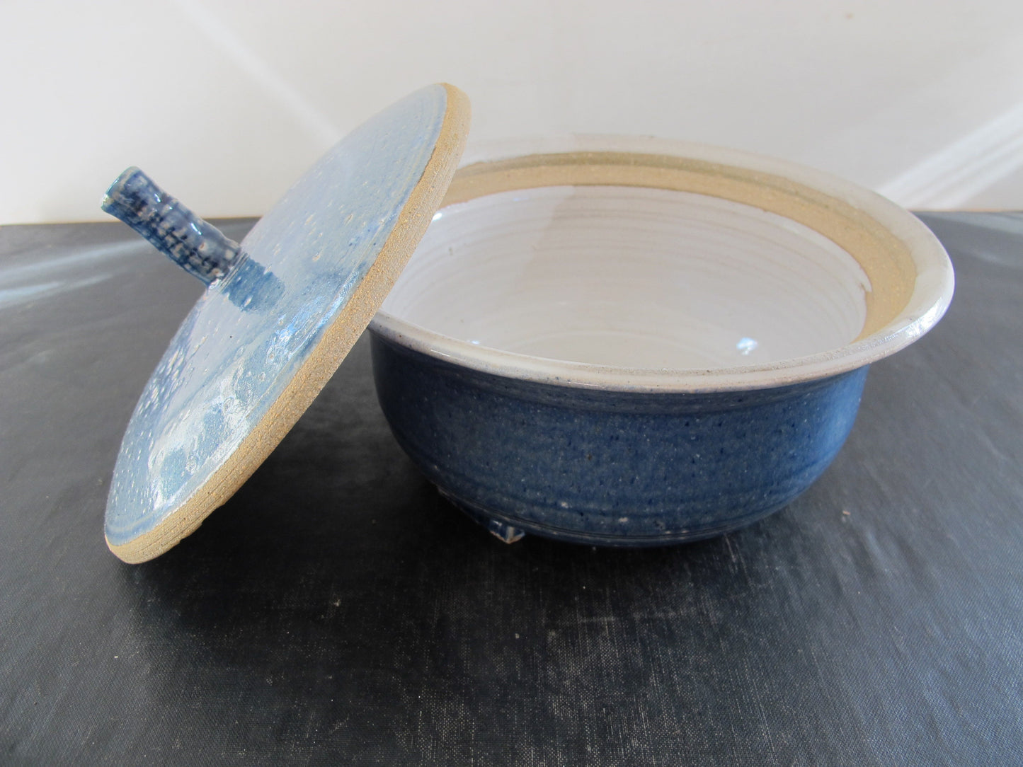 Art Pottery Ted Halpern Midcentury Modern Covered Dish 1960s 1970s Blue Lava Glaze Triple Signed