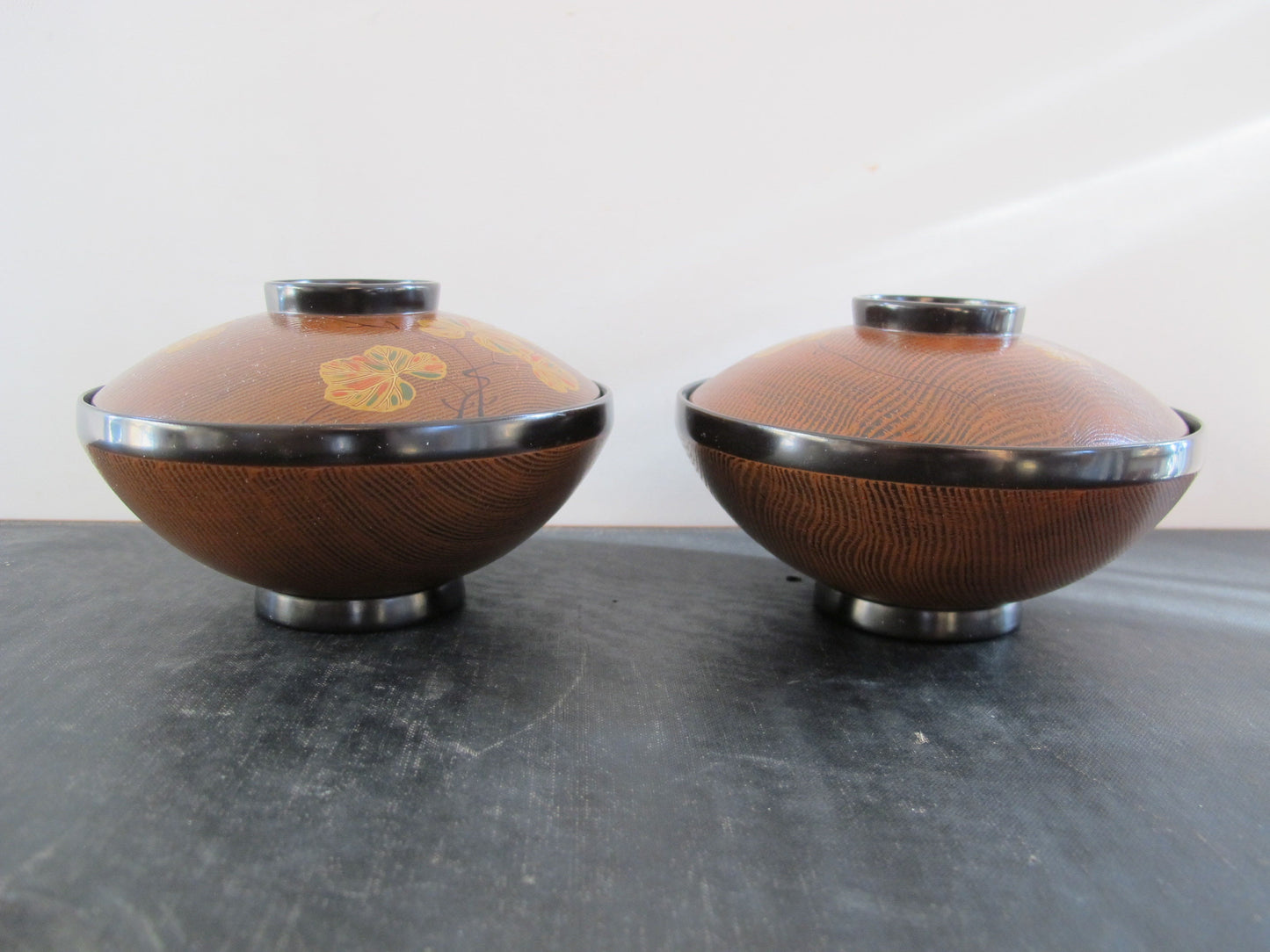 Japanese Lacquer Covered Bowls Pair Midcentury c. 1960 Faux Bois Black Gold Orange Green Autumnal Fall Grape Leaves Lids as Bowls