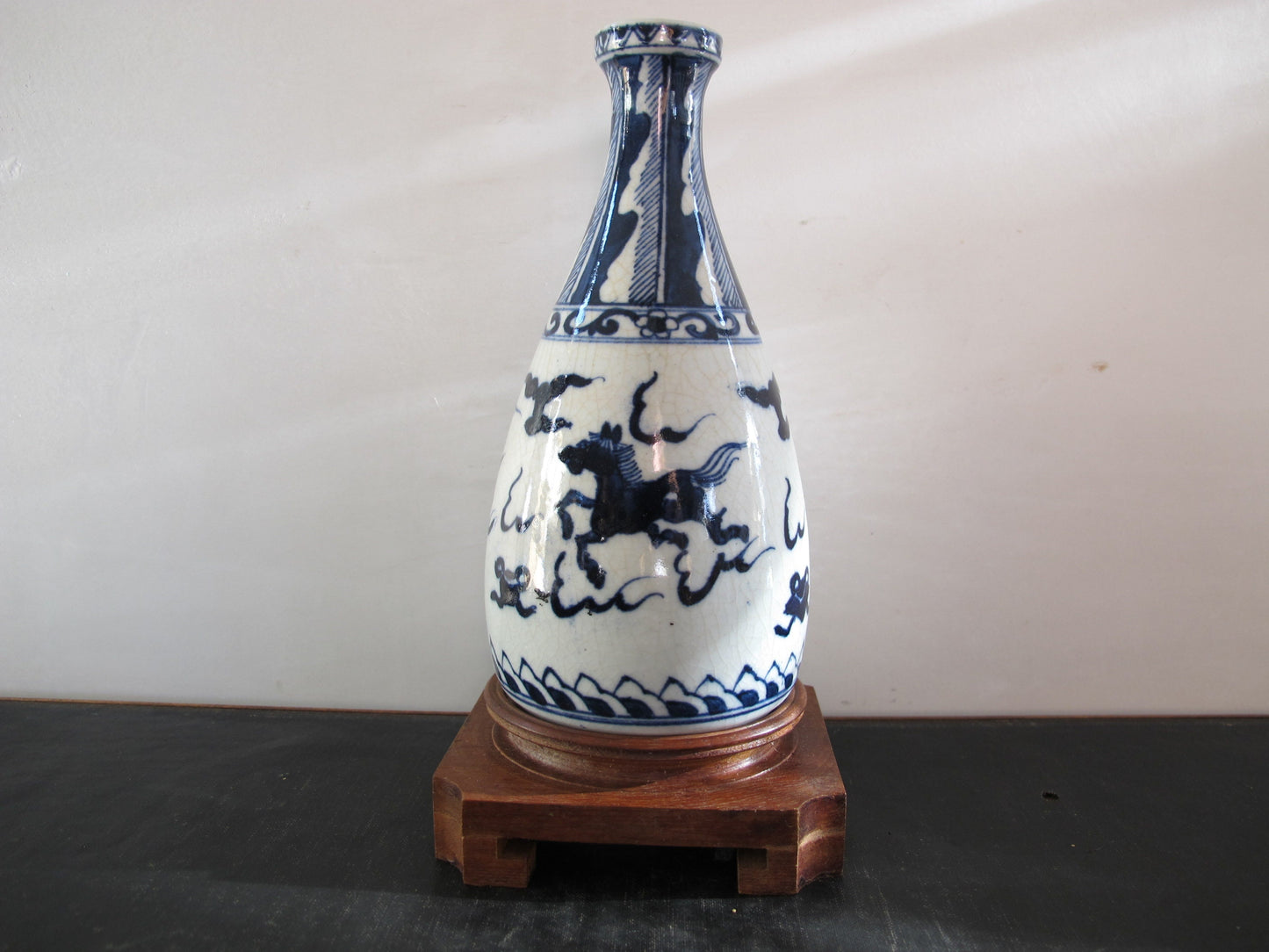 Vase Chinese Two Character Mark Blue and White Clouds Dragon Lion Horse on Stand