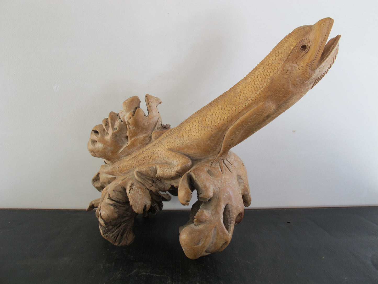 Carved Burl Wood Iguana Lizard Folk Art c. 1950 1960 Hand Carved Throughout