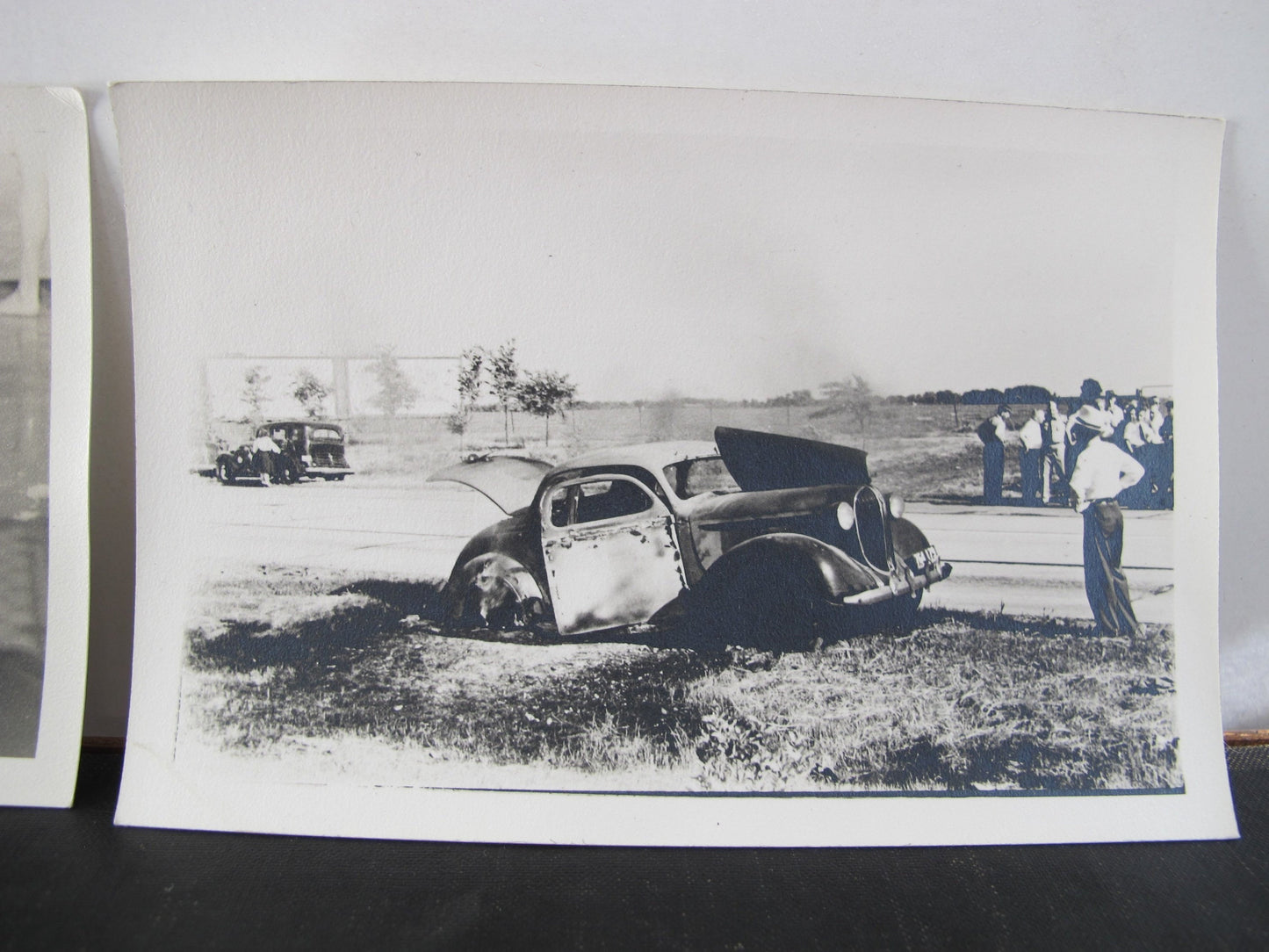 Pair Nitrate Silver Photographs 1940s Beach and Car Crash Fire Original Print