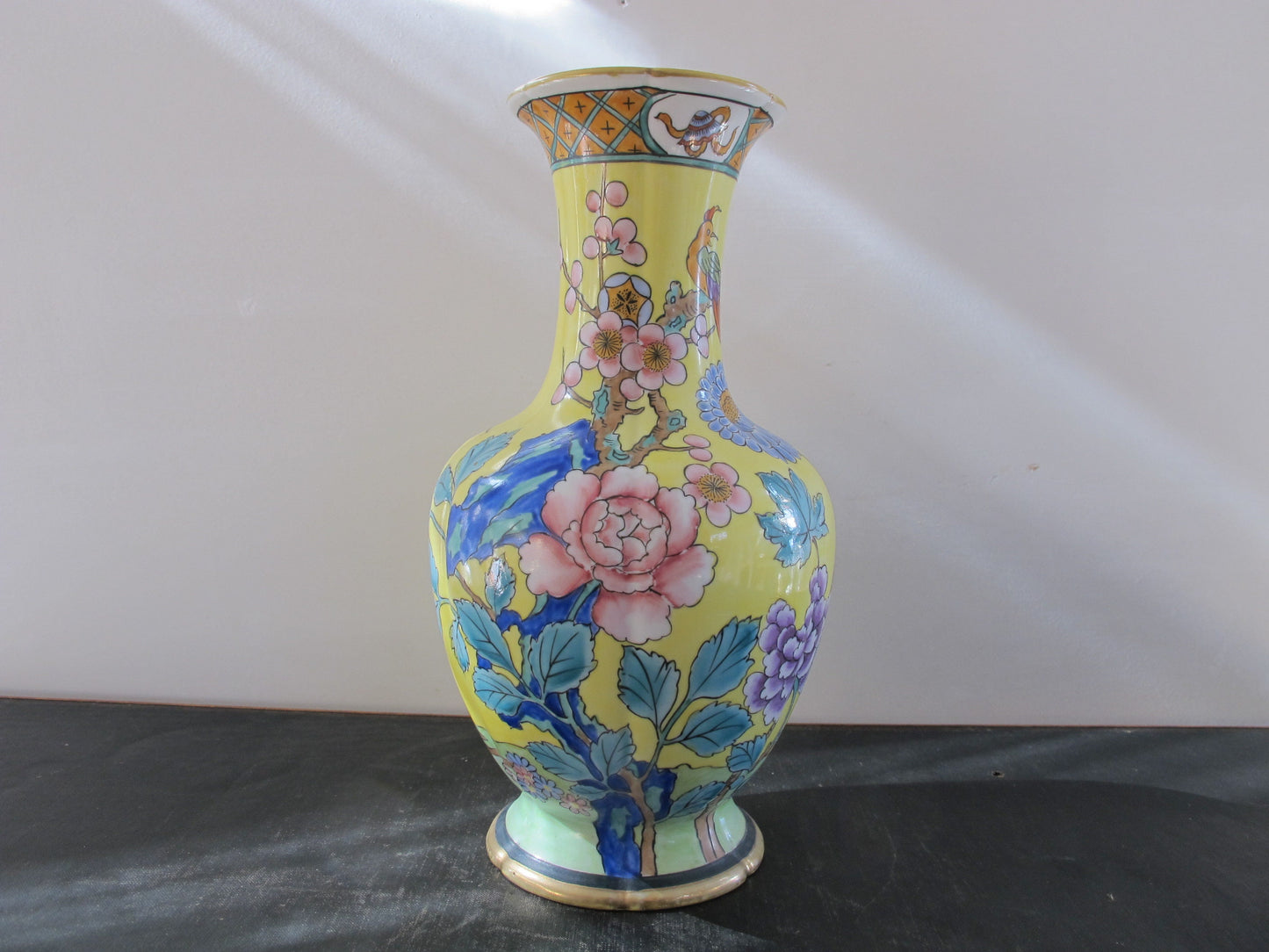 Vase Nippon Prunus Bird of Paradise Camellia Yellow Famille Jaune Japanese in Chinese Style Blue Magenta Teal
