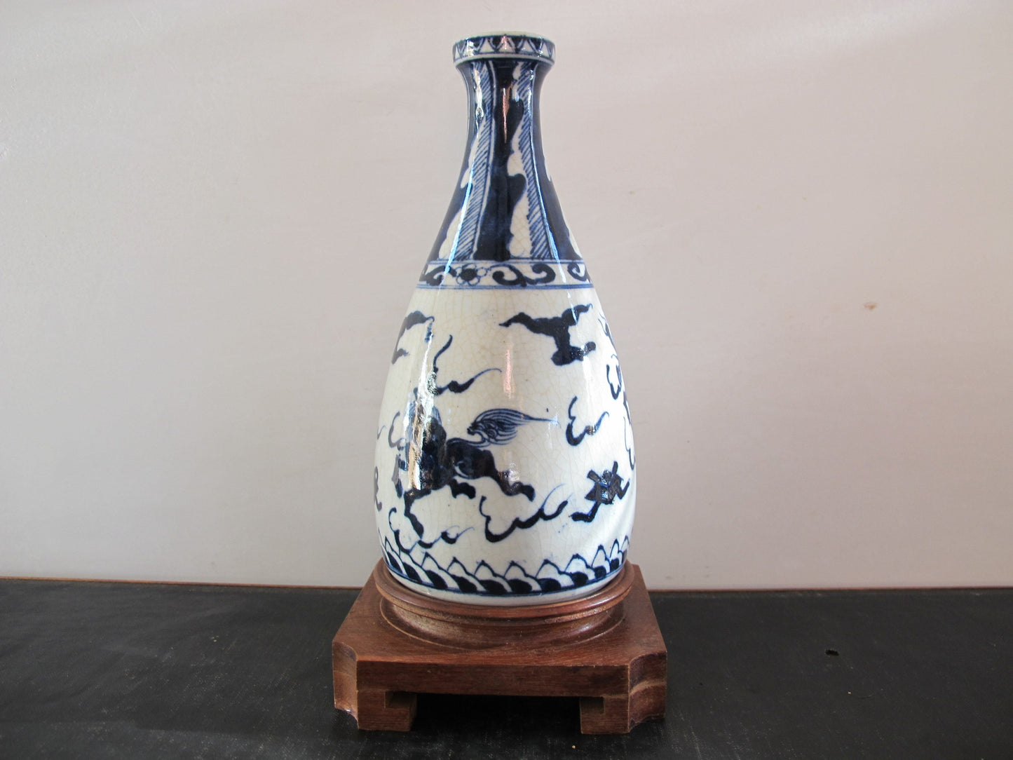 Vase Chinese Two Character Mark Blue and White Clouds Dragon Lion Horse on Stand