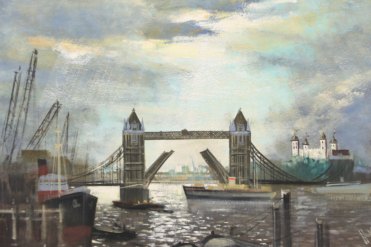 Oil Painting London England Cityscape Tower of London Bridge Harbor River Thames Signed H. Moss 1950s UK English