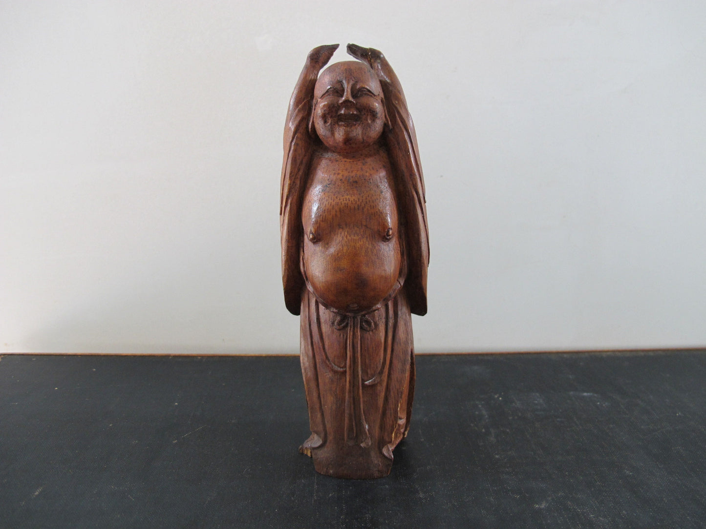 Smiling Buddha Stretching Chinese Carved Bamboo Antique 1920s 1930s Statue Figure Figurine