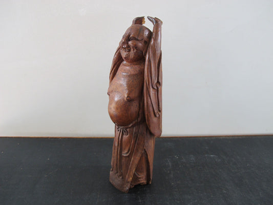 Smiling Buddha Stretching Chinese Carved Bamboo Antique 1920s 1930s Statue Figure Figurine