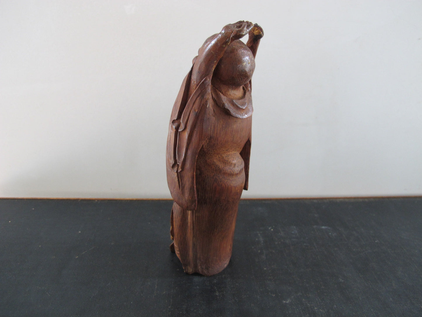 Smiling Buddha Stretching Chinese Carved Bamboo Antique 1920s 1930s Statue Figure Figurine