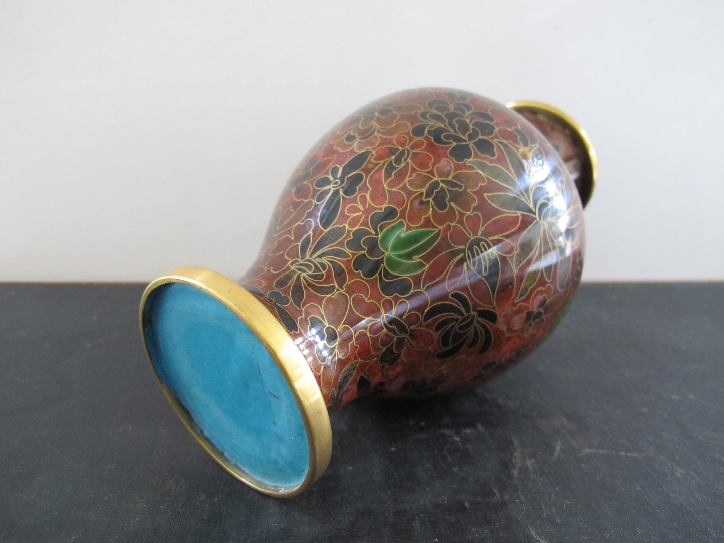 Vase Large Cloisonne Autumnal Fall Camellias Flowers Colors 1960s Chinese with Paperwork