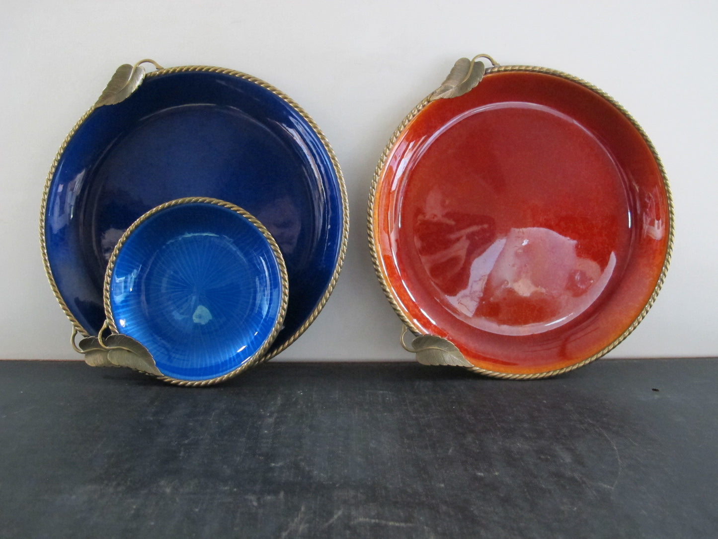 Enamel Bowls Bronze Mounts Blue and Orange Made in Italy MCM Midcentury Italian 1960s 1950s