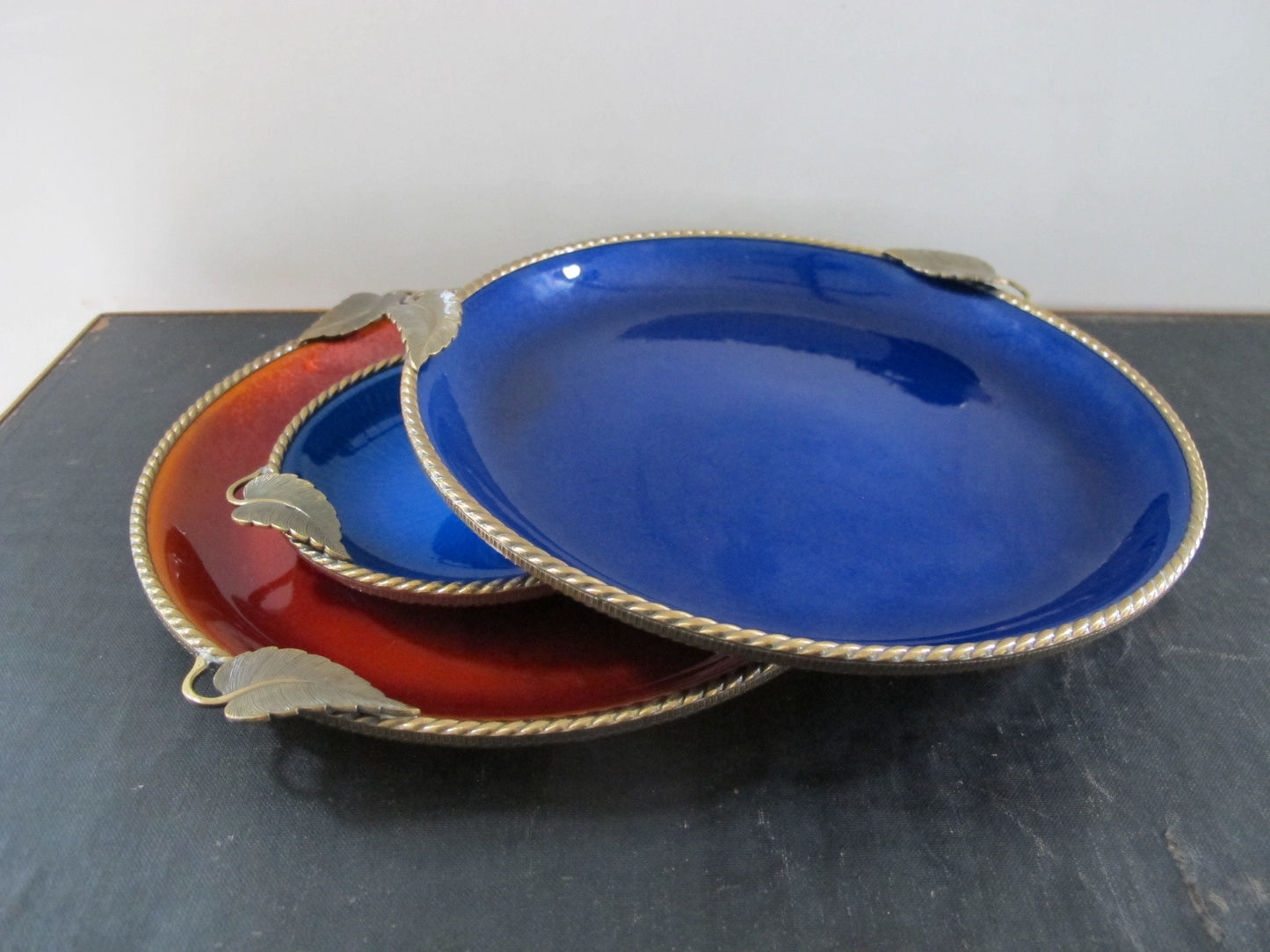 Enamel Bowls Bronze Mounts Blue and Orange Made in Italy MCM Midcentury Italian 1960s 1950s