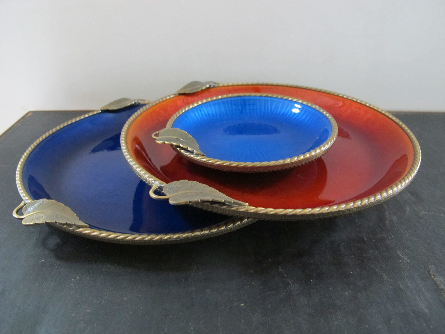 Enamel Bowls Bronze Mounts Blue and Orange Made in Italy MCM Midcentury Italian 1960s 1950s