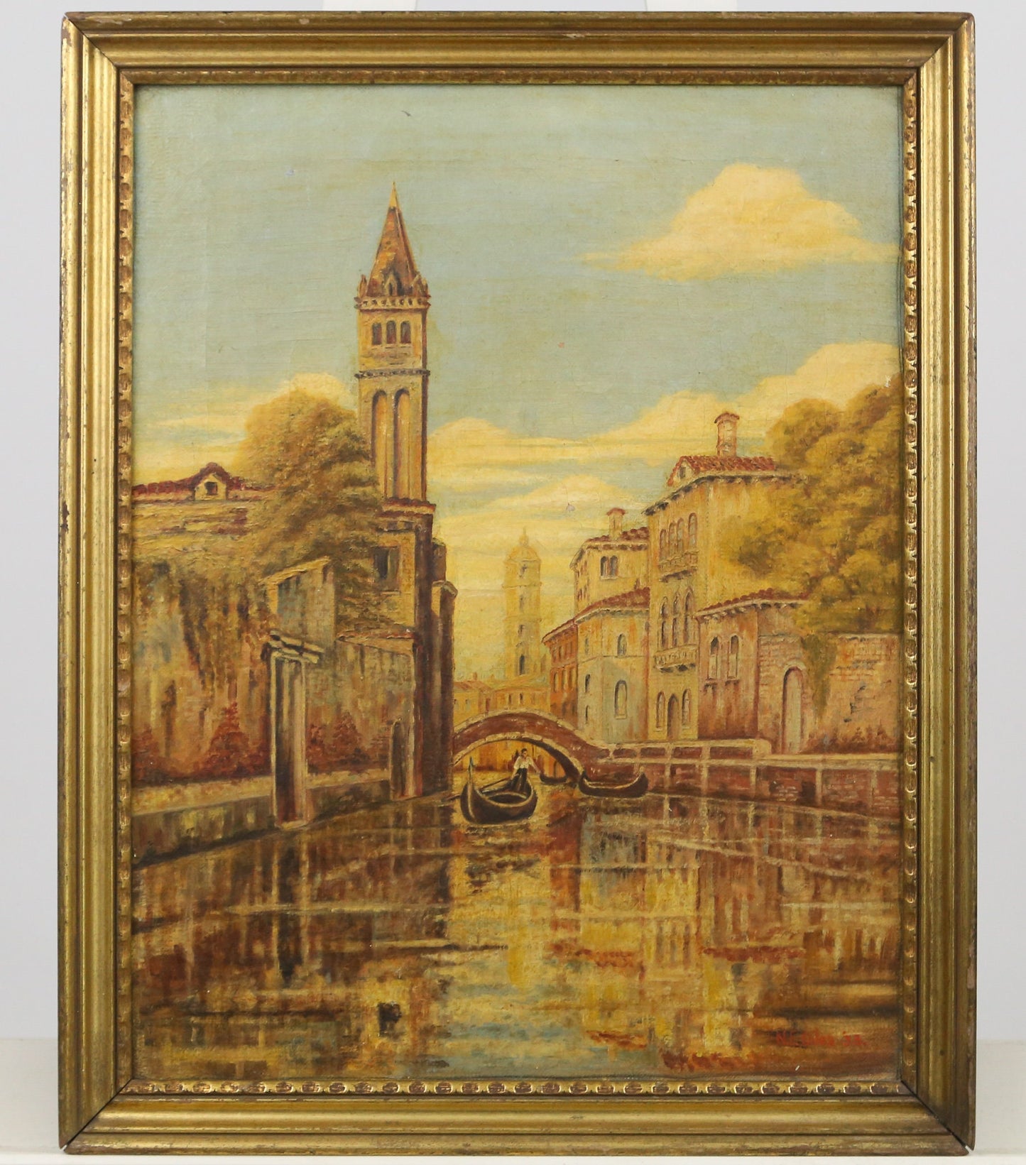 Painting Venice Italy Cityscape Seascape Oil Grand Canal Impressionist Gondoliers Signed N.E. Giles 1933 1930s