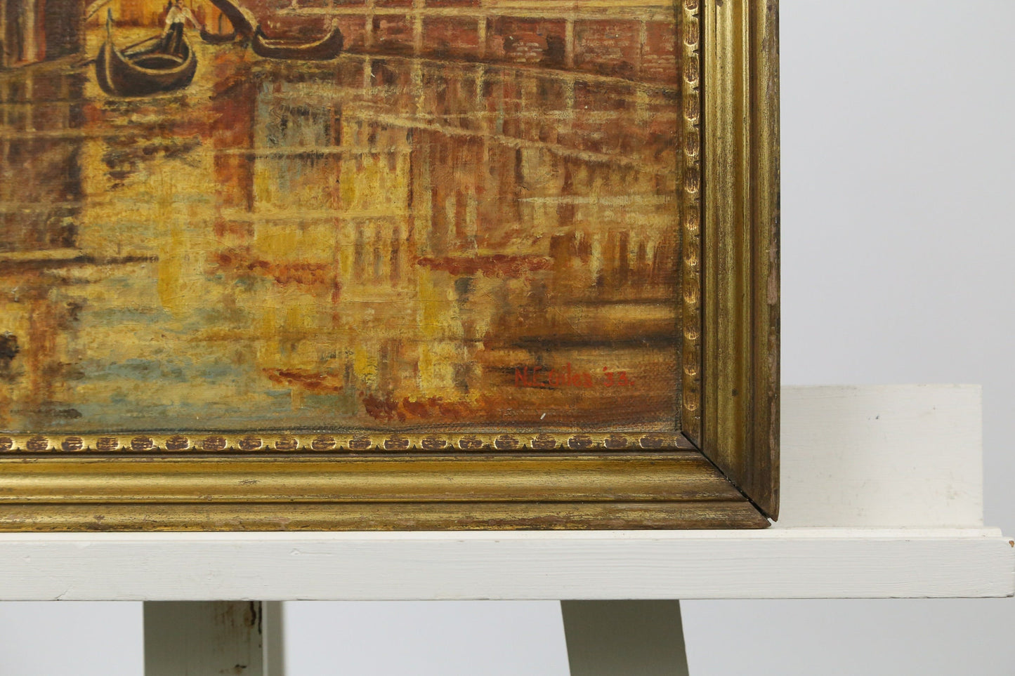 Painting Venice Italy Cityscape Seascape Oil Grand Canal Impressionist Gondoliers Signed N.E. Giles 1933 1930s