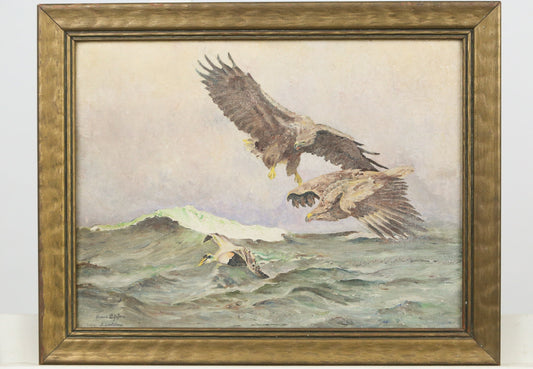 Painting Seascape Eagles Birds Signed Copy of A. Lindstrom 1930