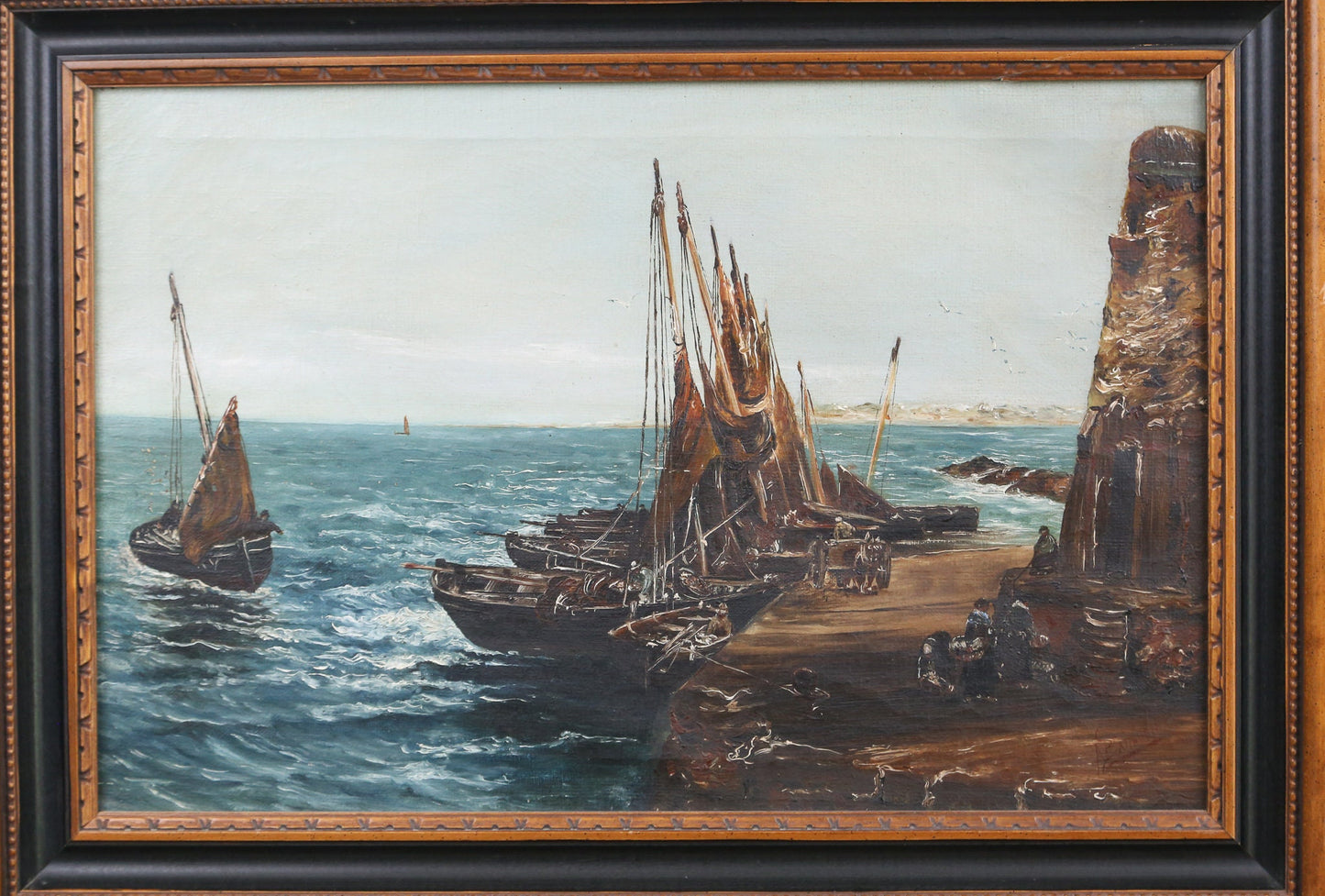 Painting Seascape Oil on Canvas Harbor Boats Signed A Bain 1911 Framed