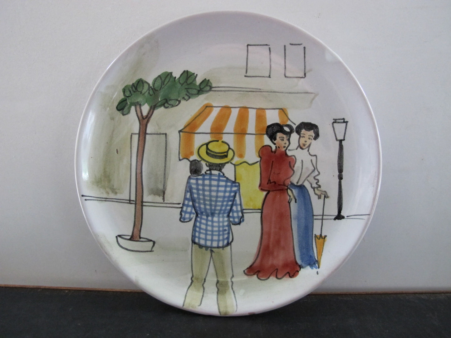 Plates Pair Italian Majolica Paris Street Scenes 1950s 1960s MCM Midcentury