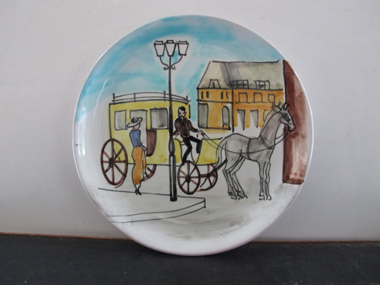 Plates Pair Italian Majolica Paris Street Scenes 1950s 1960s MCM Midcentury