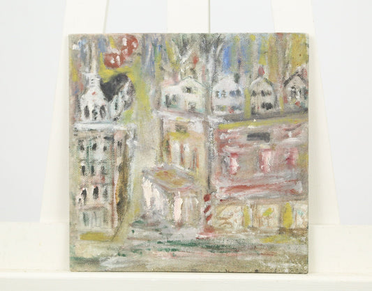 Painting Cityscape Townscape Oil Folk Art Naive Abstract MCM Midcentury New England 1950s