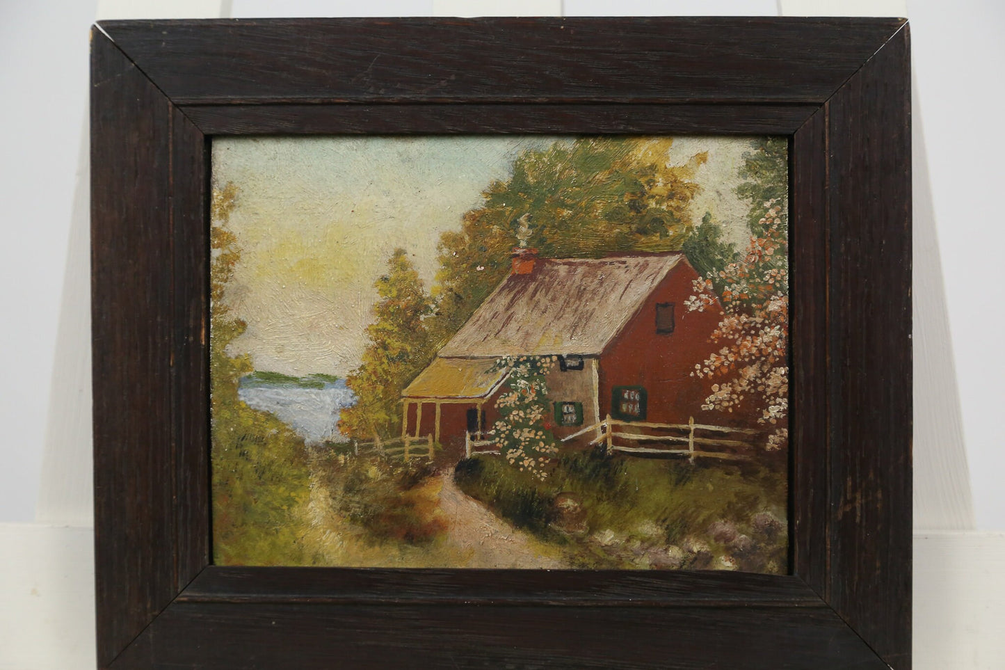 Painting Folk Art Naive Farmhouse Cottage Mountain Lake Flowers 1890s Period Frame