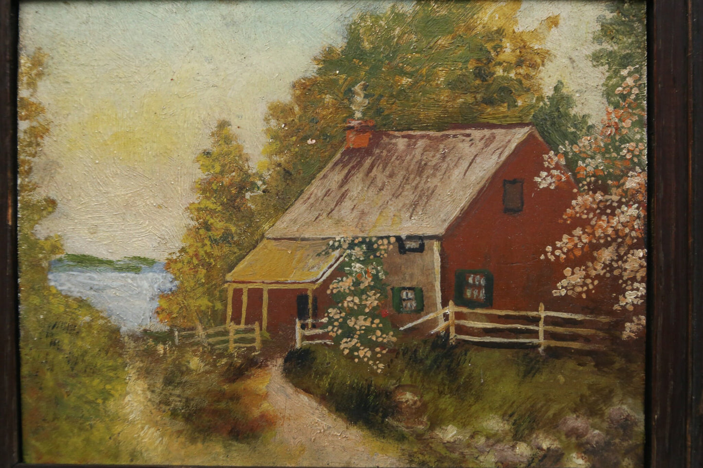 Painting Folk Art Naive Farmhouse Cottage Mountain Lake Flowers 1890s Period Frame