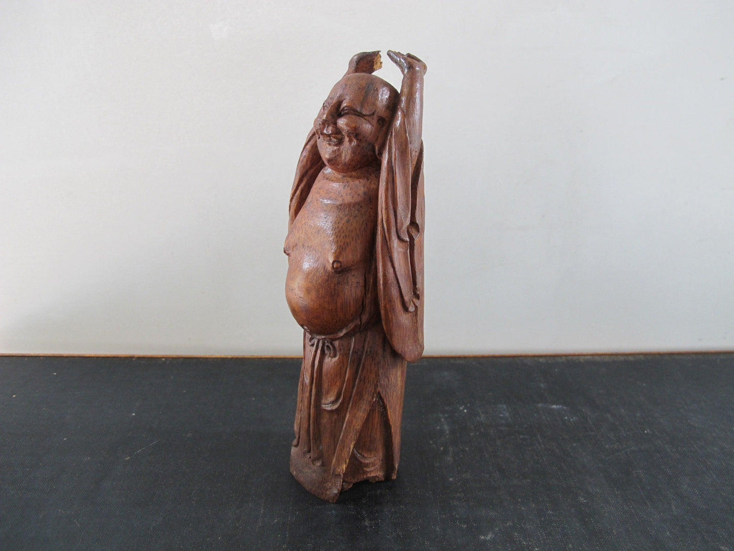 Smiling Buddha Stretching Chinese Carved Bamboo Antique 1920s 1930s Statue Figure Figurine