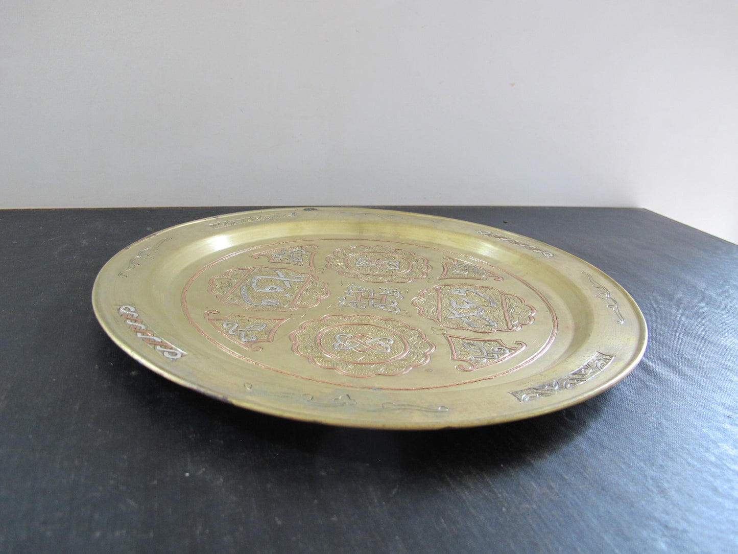 Platter Mixed Metals Middle Eastern Arabic Islamic Art Brass Copper Silver Alloy 1920s