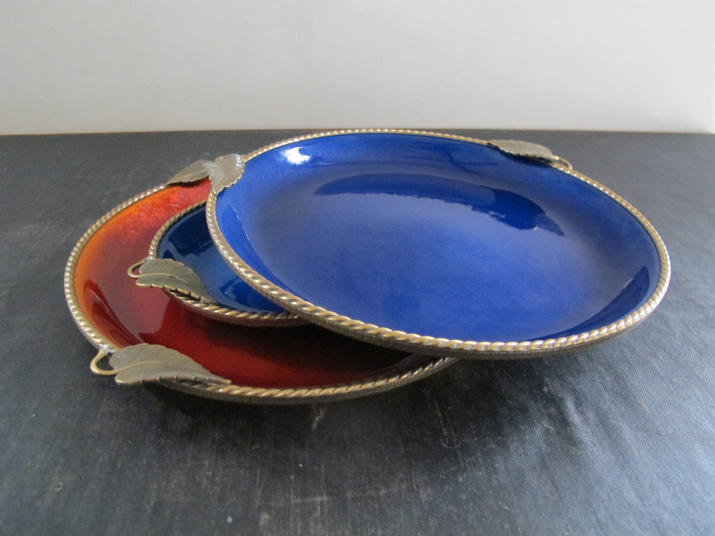 Enamel Bowls Bronze Mounts Blue and Orange Made in Italy MCM Midcentury Italian 1960s 1950s
