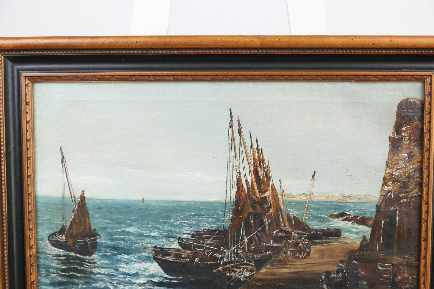 Painting Seascape Oil on Canvas Harbor Boats Signed A Bain 1911 Framed