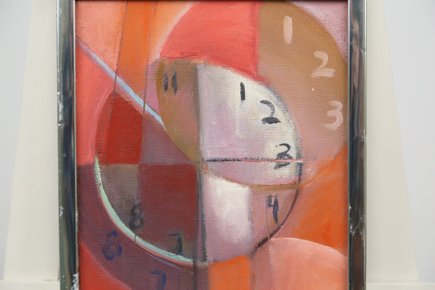 Painting Russian Constructivist Style Composition of Clocks Red Pink R. Young Signed 1969 1960s 1970s