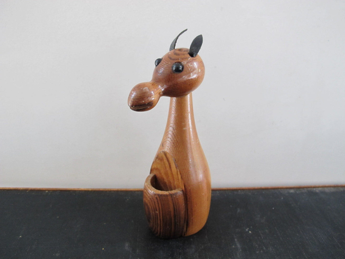 Toothpick Holder Japanese Cryptomera Horse Leather and Wood 1950s 1960s Treen