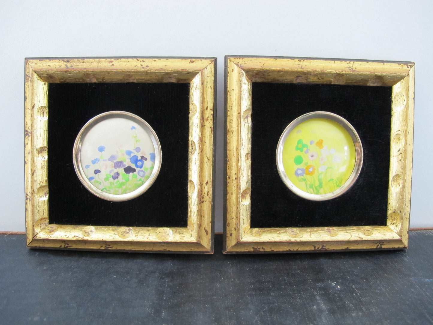 Paintings Watercolor Pair Flowers Roundels 1960s MCM Midcentury