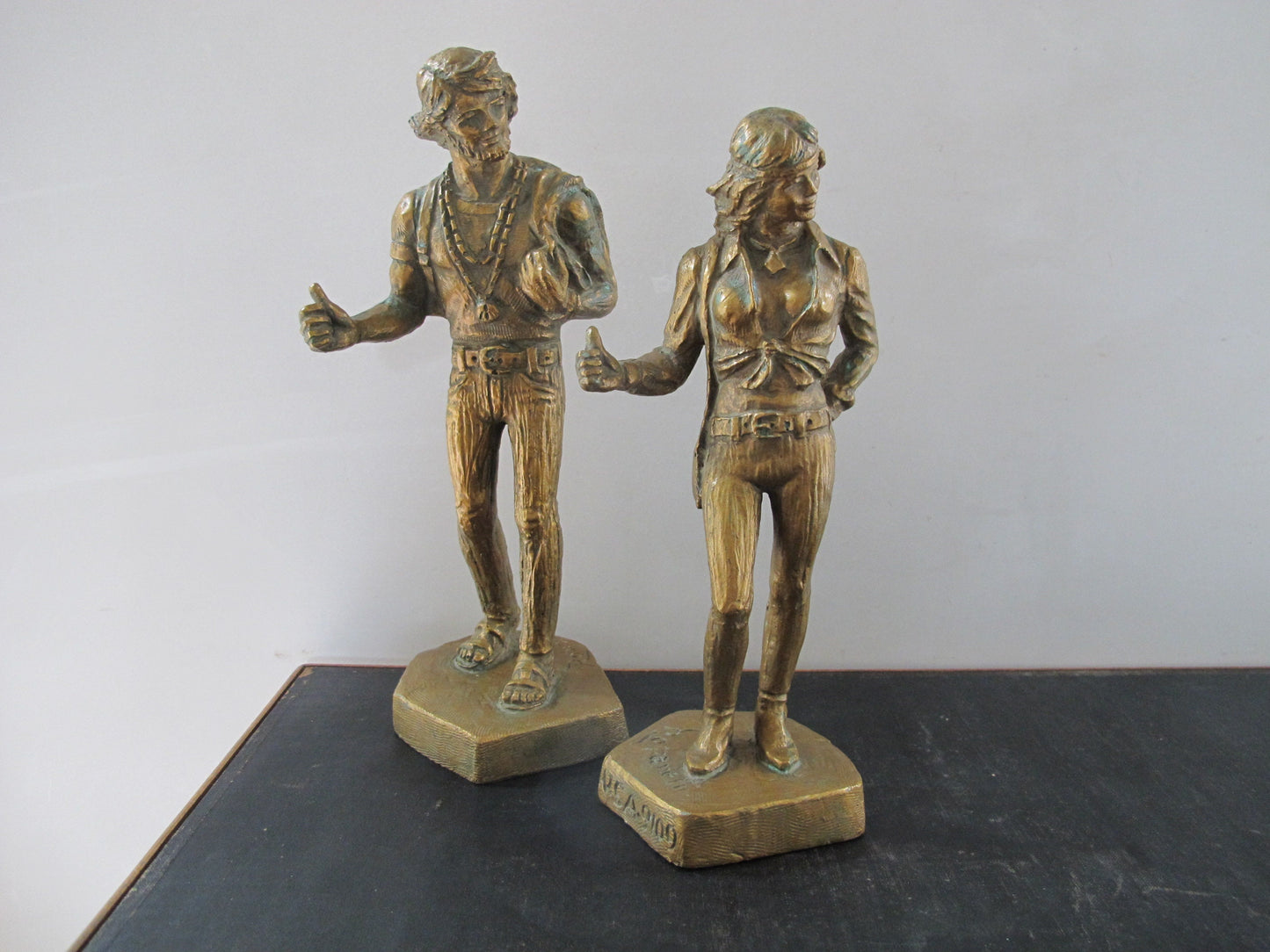 Sculptures Hitchikers Man and Woman Romanelli Jostens USA 9108 9109 Bronze Resin 1960s 1970s MCM Midcentury
