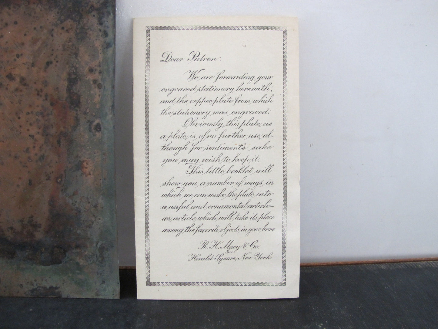 Wedding Invitation Engraved Copper Plate c. 1910 1920 Edwardian Verdigris