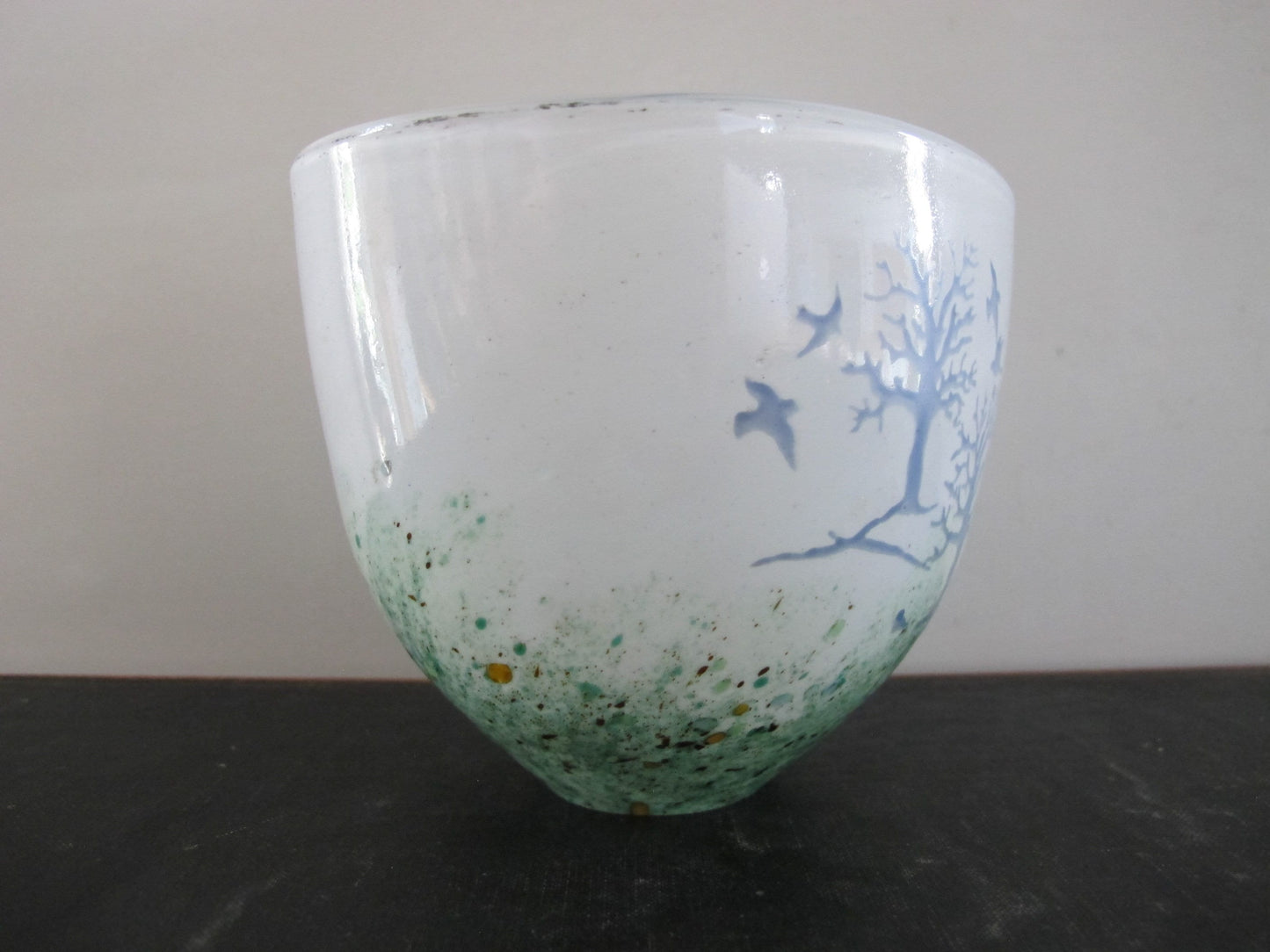 Vase Art Glass Forest and Birds Scene Mouth Blown 1970s 1980s