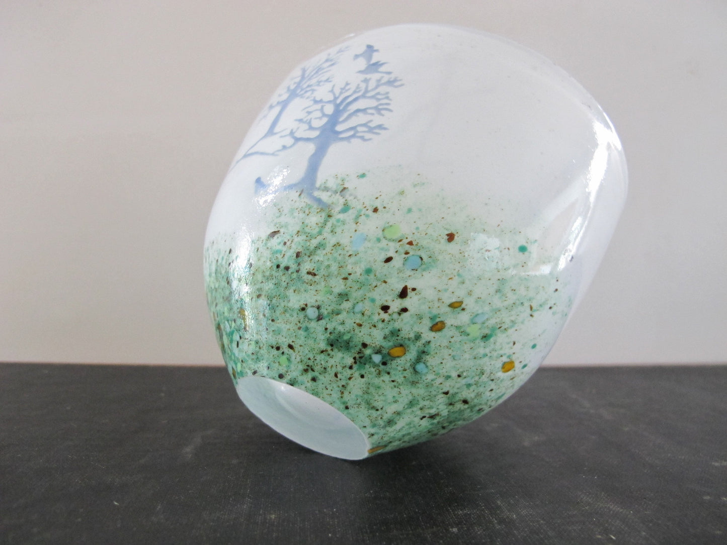 Vase Art Glass Forest and Birds Scene Mouth Blown 1970s 1980s