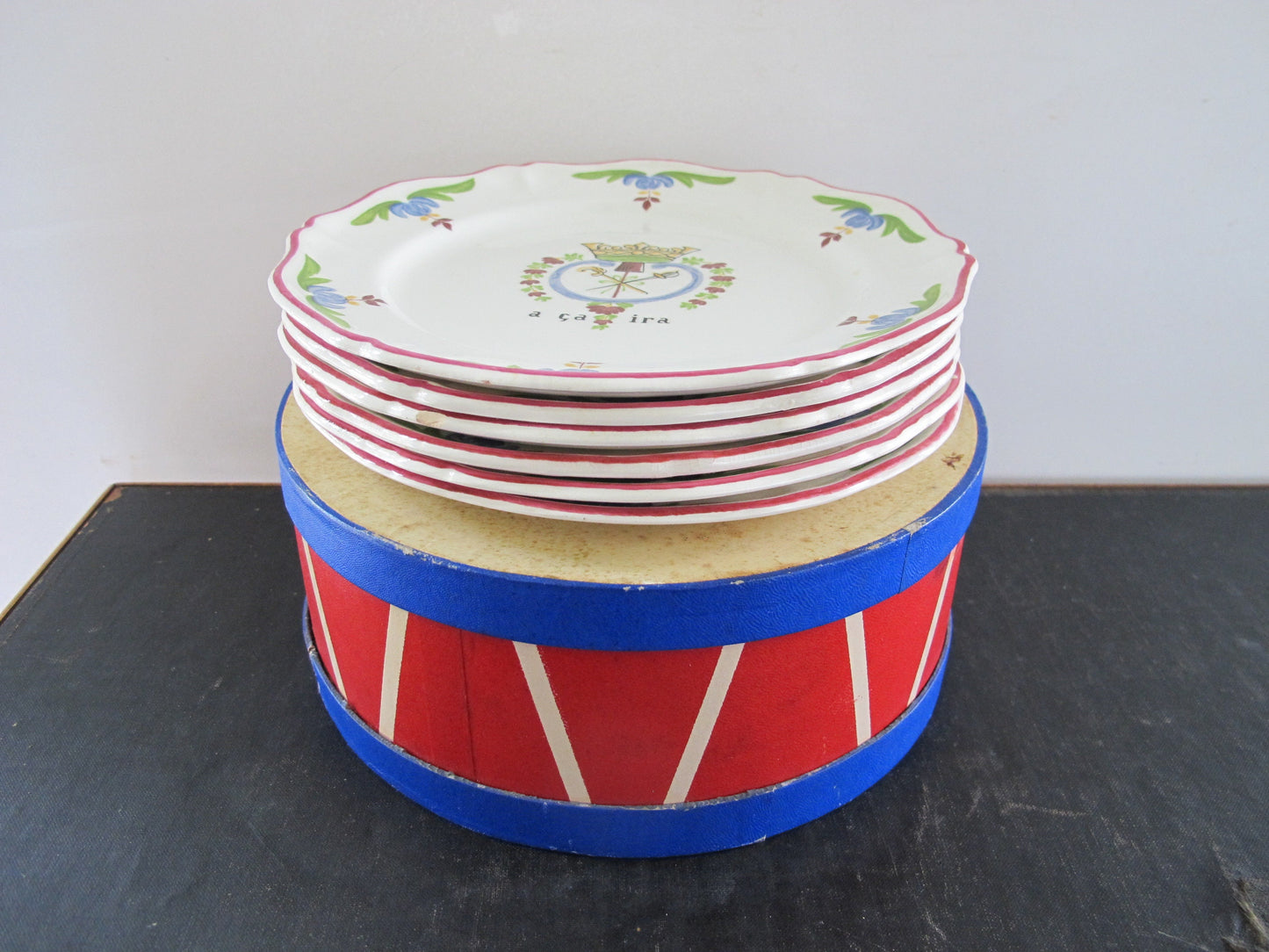 Plates Bastille Day Handpainted Saint-Amand a ca ira France Mottoes Set of 6 Six Original Drum Box