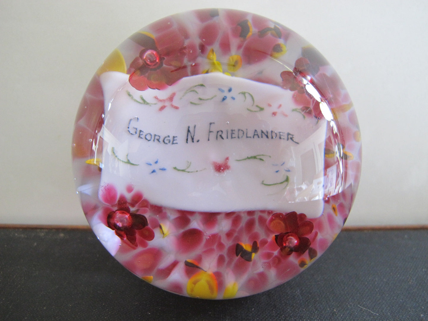 Paperweight End of Day with Name Plaque Monogrammed Millefiori Flowers George N. Friedlander Edwardian Style possibly Pierpoint and Repro