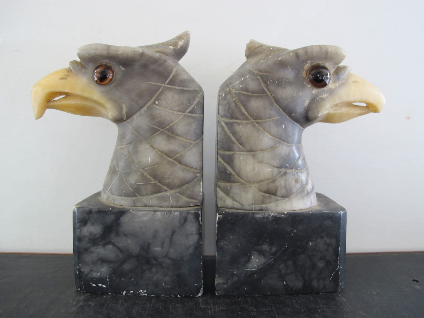 Bookends Polychrome Alabaster Eagles Glass Eyes Exceptionally Rare 1900s 1910s Edwardian