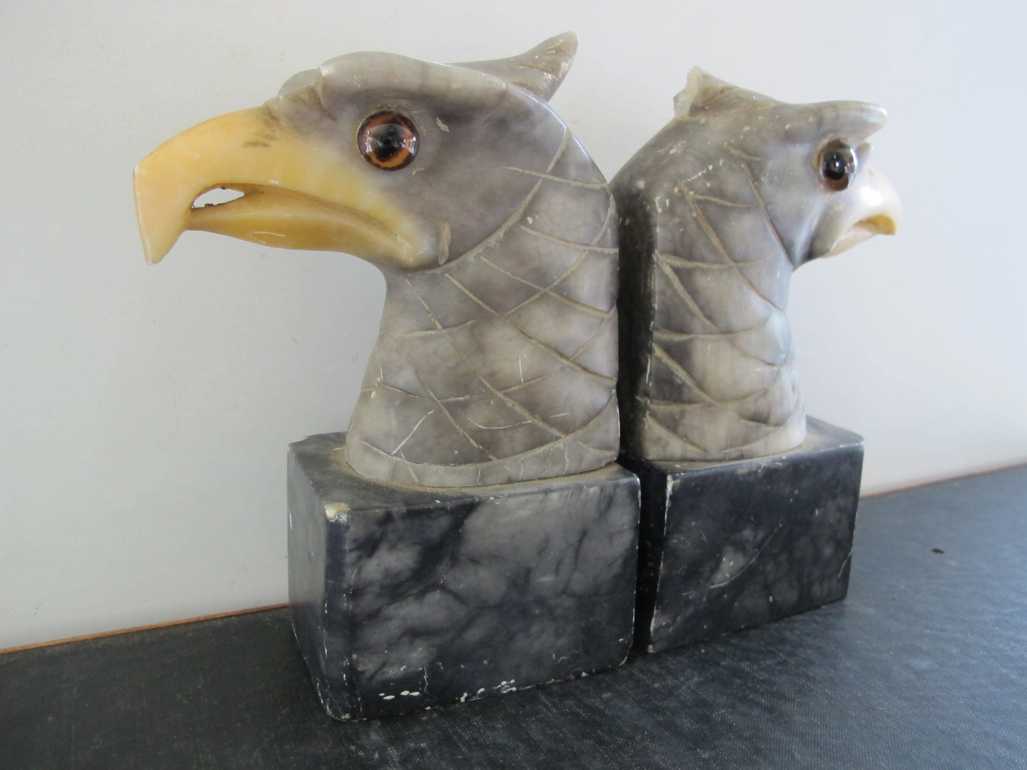 Bookends Polychrome Alabaster Eagles Glass Eyes Exceptionally Rare 1900s 1910s Edwardian