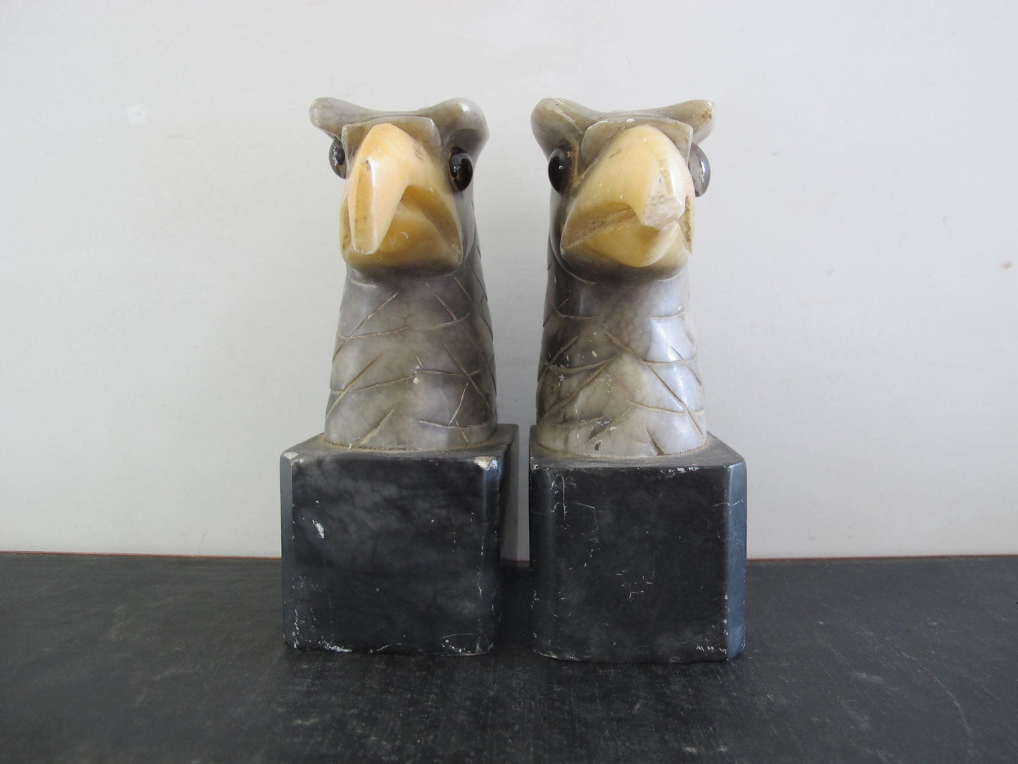 Bookends Polychrome Alabaster Eagles Glass Eyes Exceptionally Rare 1900s 1910s Edwardian